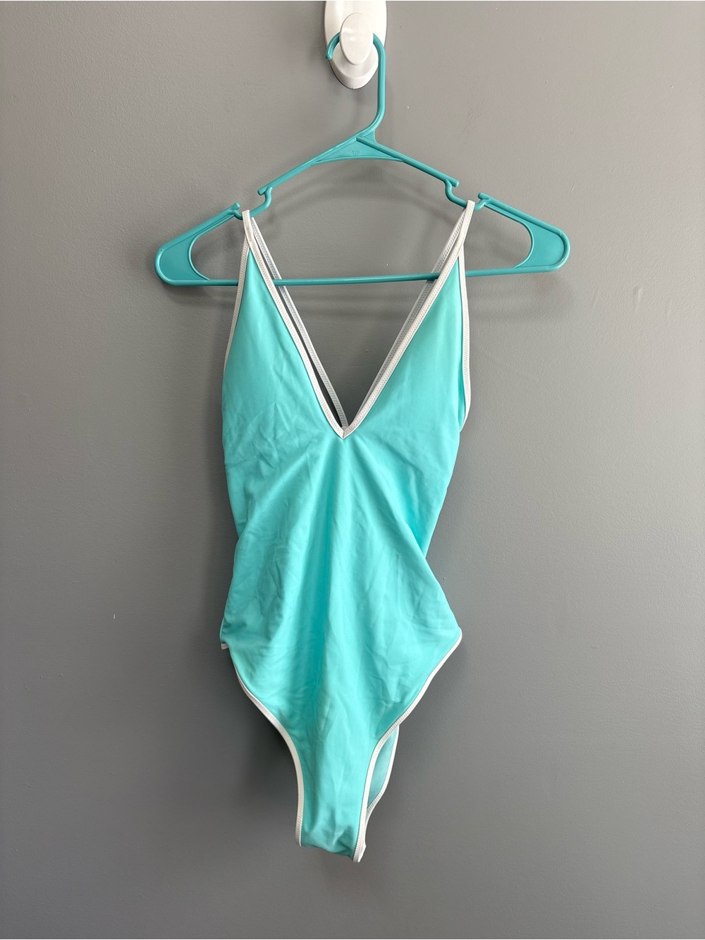 aerie Aqua Blue One-Piece Swimsuit with White Trim Size M Plunging V-Neckline